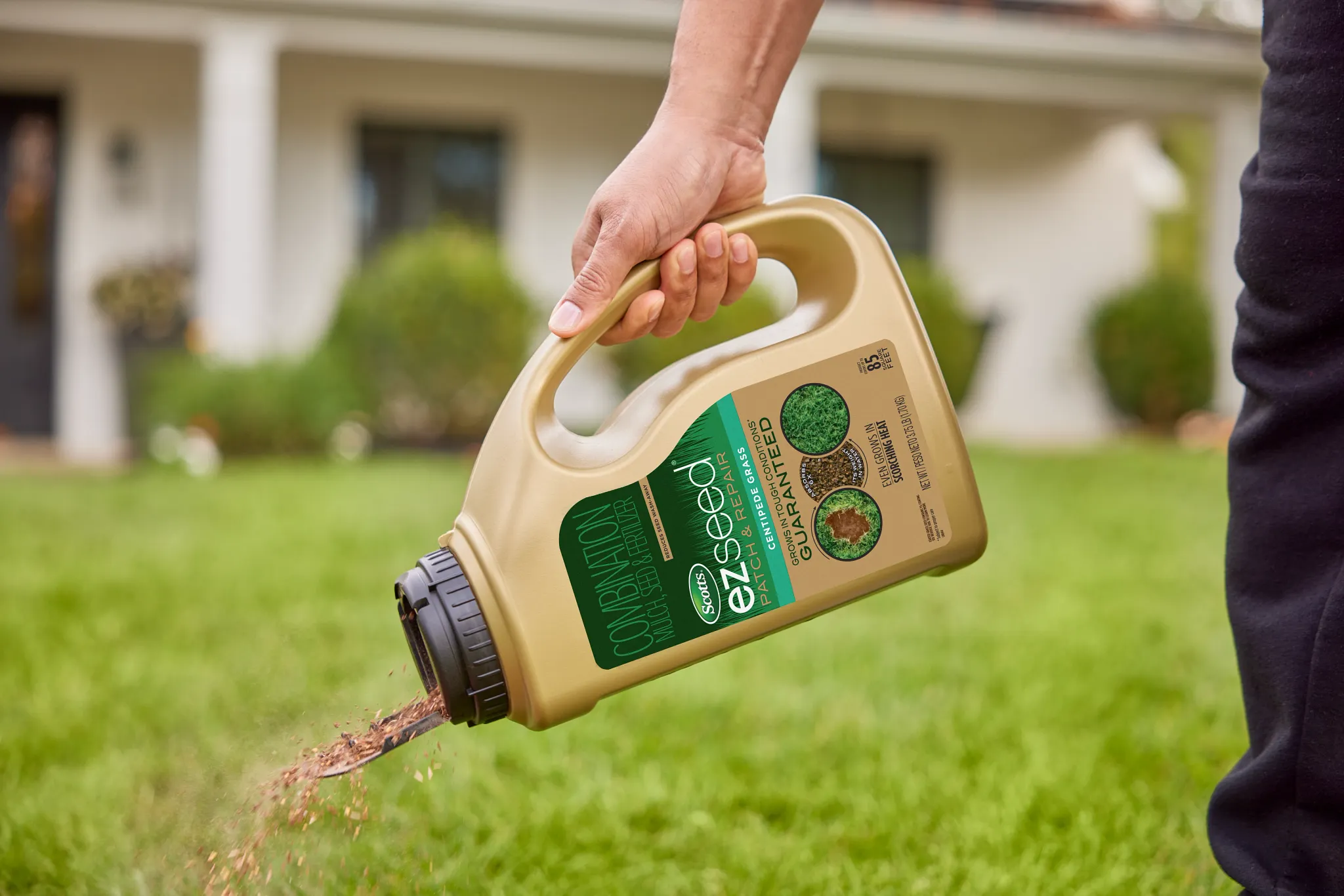 Applying EZ Seed Centipedegrass to a bare spot in the lawn using the shaker jug.