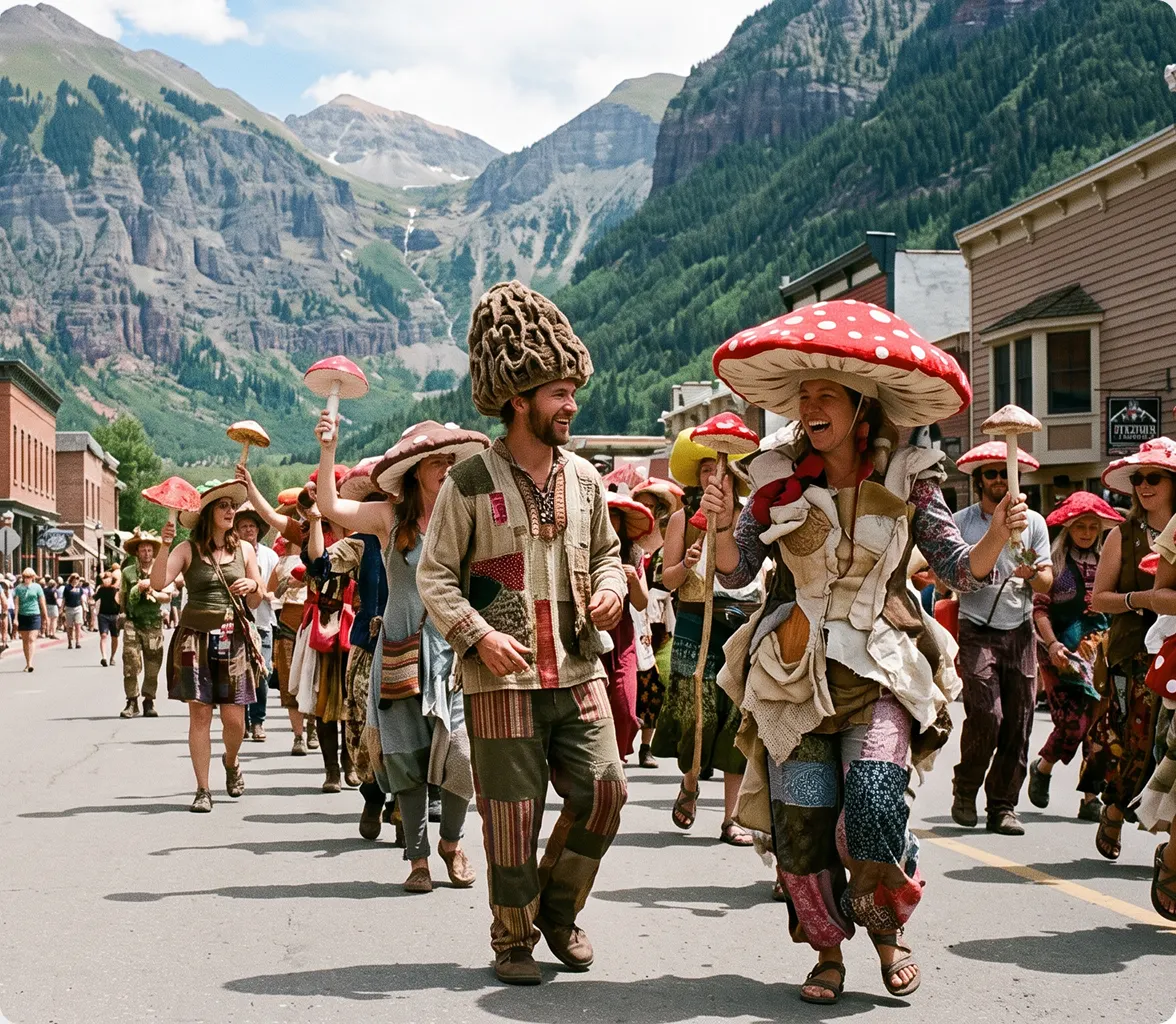 A colorful photograph of festival attendees parading down a street in hand-sewn mushroom costumes with a mountain backdrop, displayed alongside article text titled 'Telluride Mushroom Festival.'