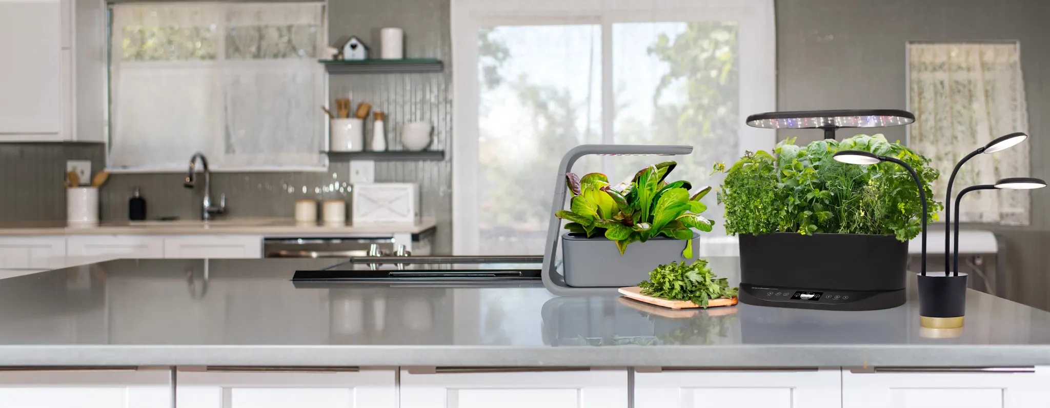 A collection of indoor hydroponic garden systems and grow lights displayed on a modern kitchen counter.