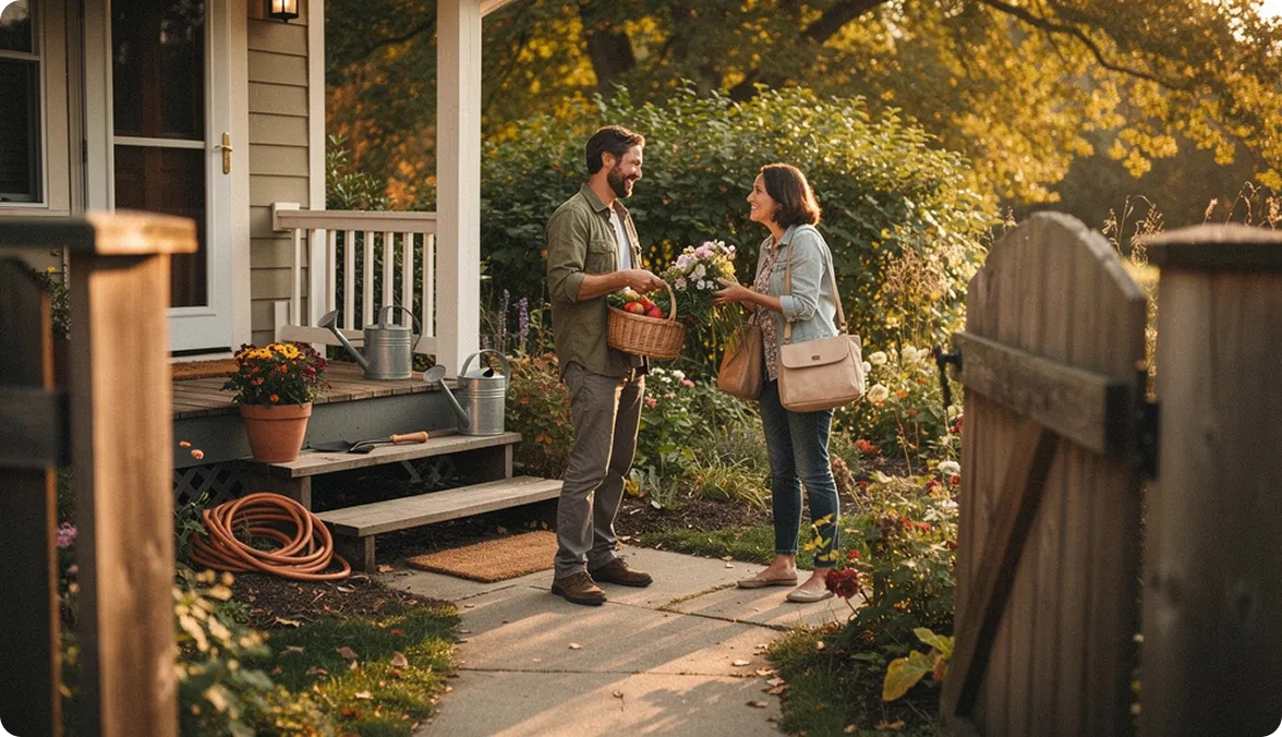Two people chatting outside on the porch steps of a classic white house, surrounded by autumnal greenery and golden trees.