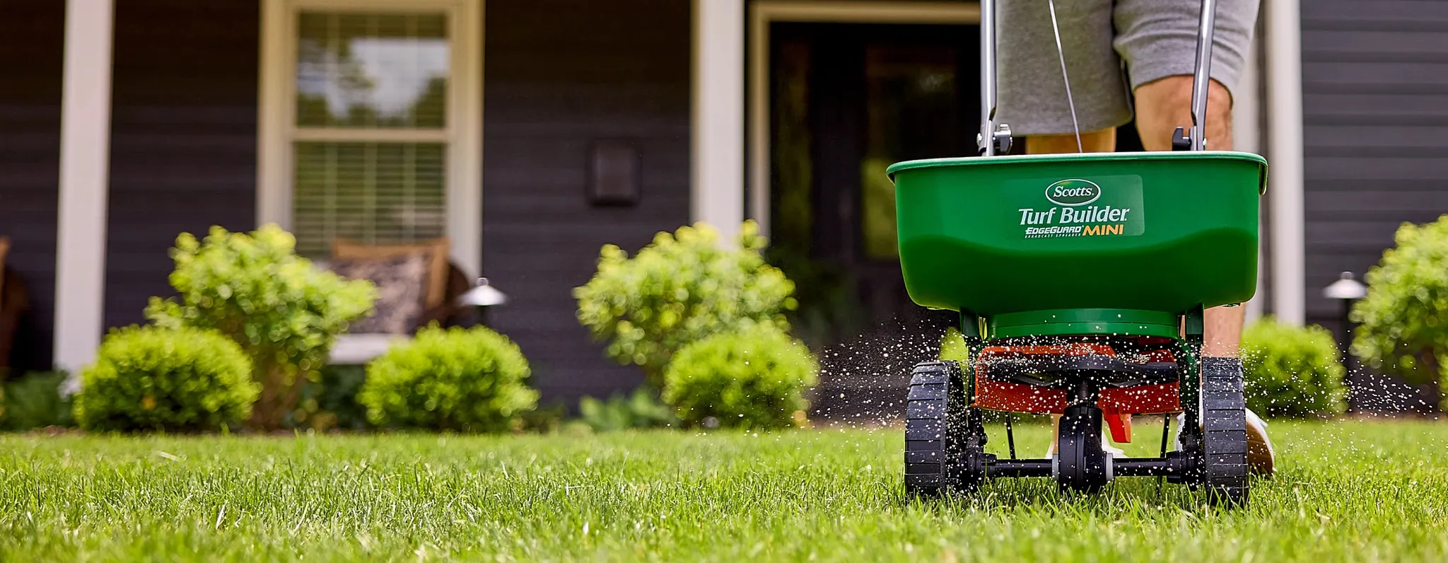 a man pushing a Scotts turf builder spreader in his front lawn to spread fertilizer