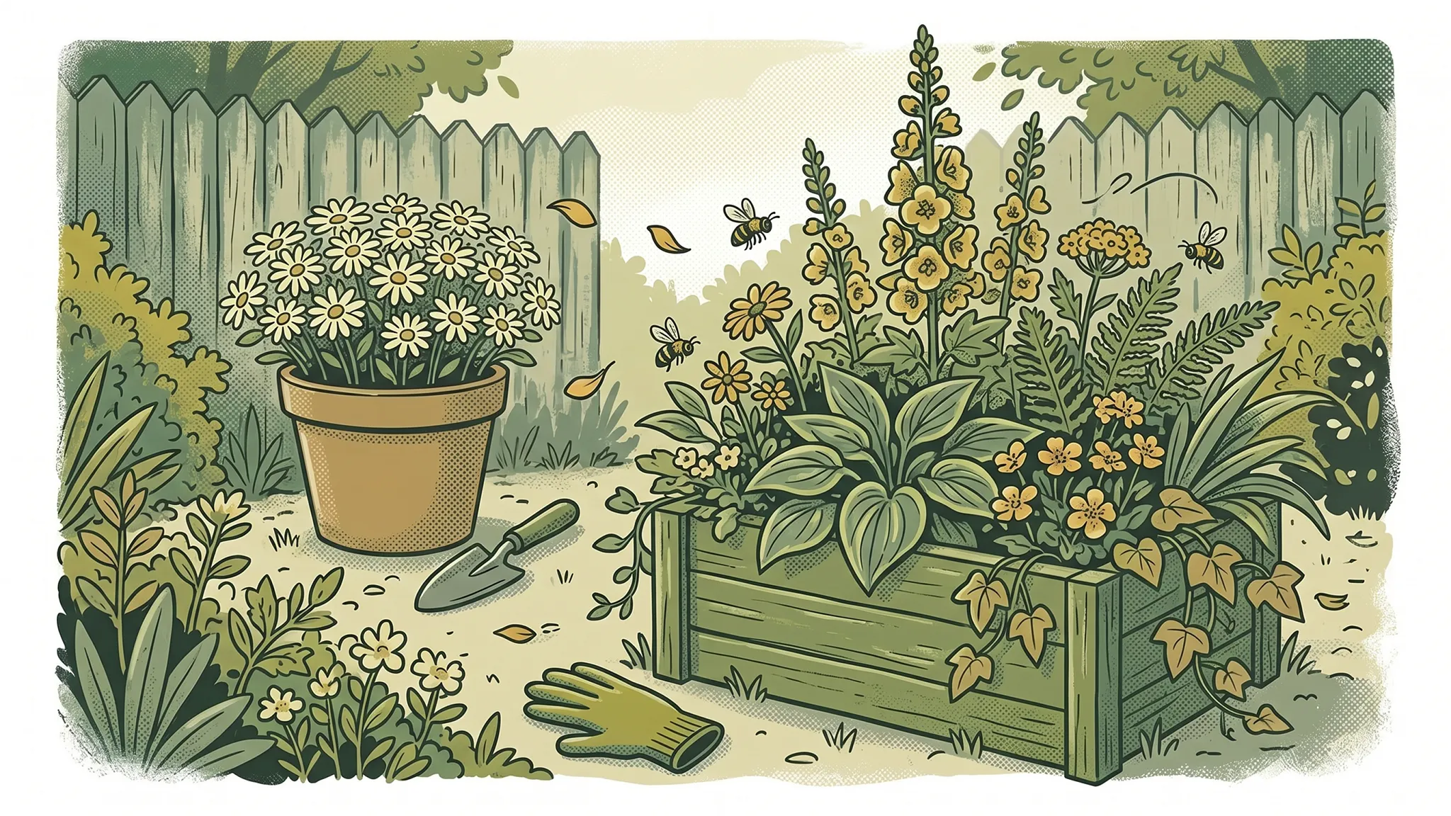 A digital illustration of a garden featuring a terracotta pot filled with white daisies and a wooden raised garden bed overflowing with yellow flowers and greenery. Bees fly around the plants, and a gardening glove and trowel lie on the ground next to a wooden fence.