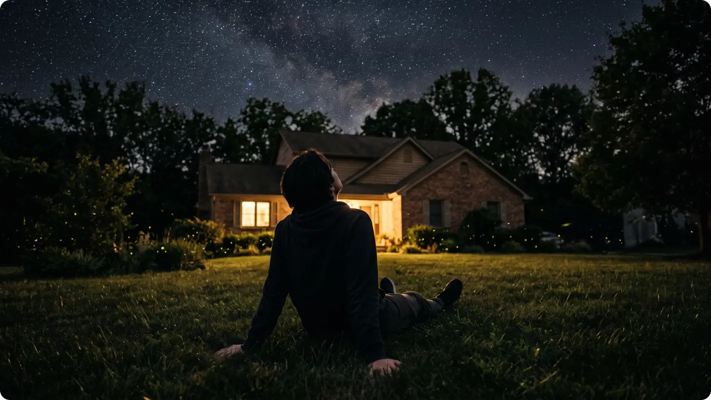 Person sitting on a grassy lawn at night, stargazing under a starry sky outside a house.