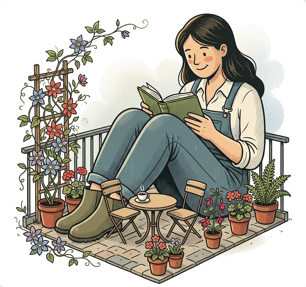 Illustration of a woman sitting on a balcony bench reading a book surrounded by various potted plants and a small side table.