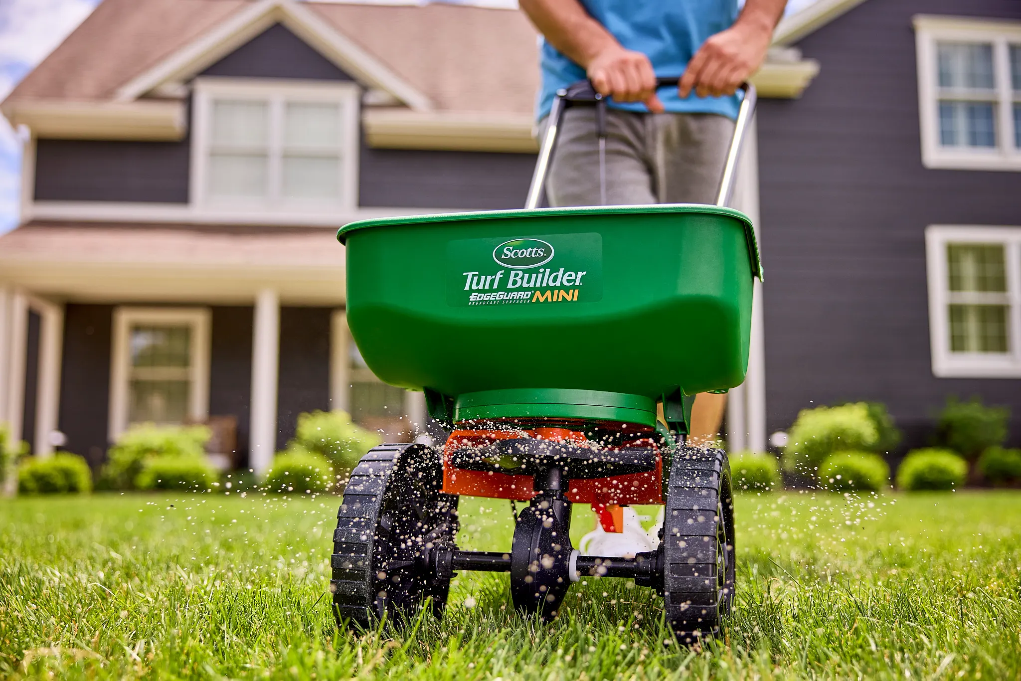 Using a mini broadcast spreader on the lawn