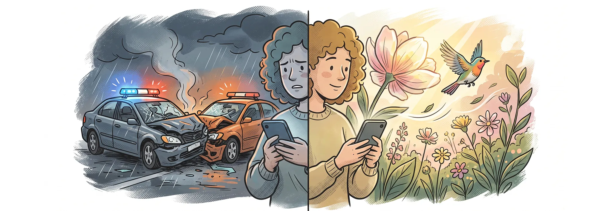 Split illustration showing two contrasting mood scenes: on the left, a gloomy blue scene with emergency vehicles and flashing lights; on the right, a warm, brightly colored scene with blooming flowers and a bird.