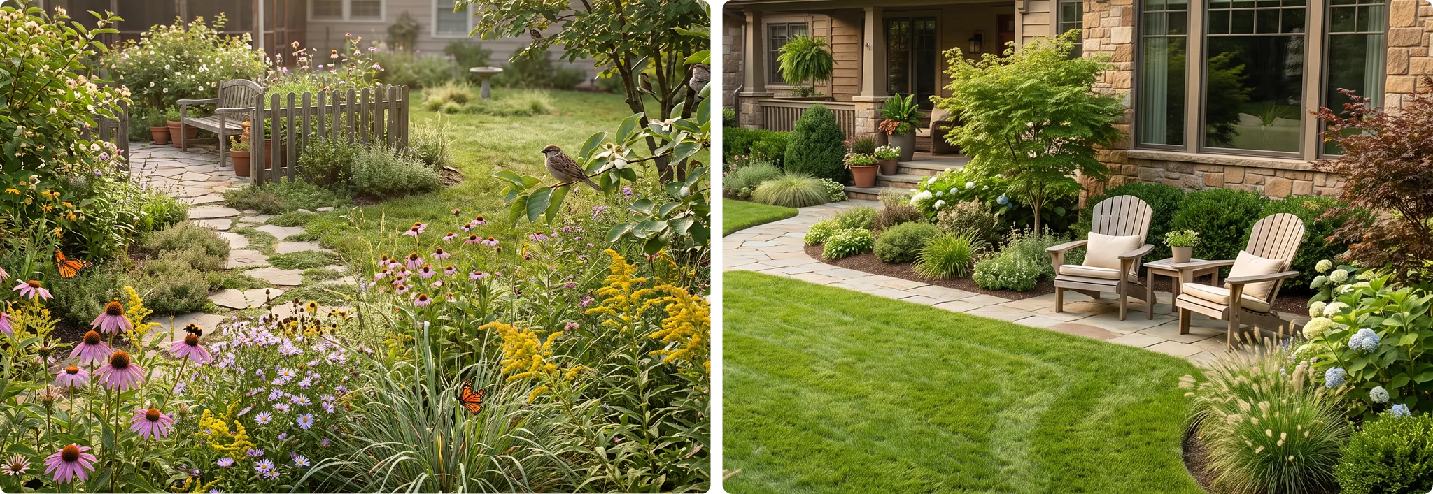 A manicured lawn with a curved, mulched flower bed featuring dark mulch, flowering shrubs, perennial plants, and a backdrop of green lawn and mature trees.