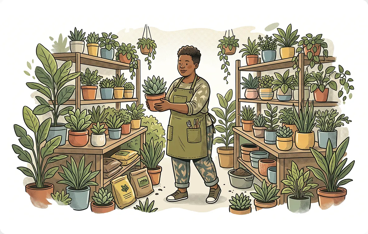 Illustrated scene of a manager standing proudly inside a greenhouse filled with potted plants on shelves.