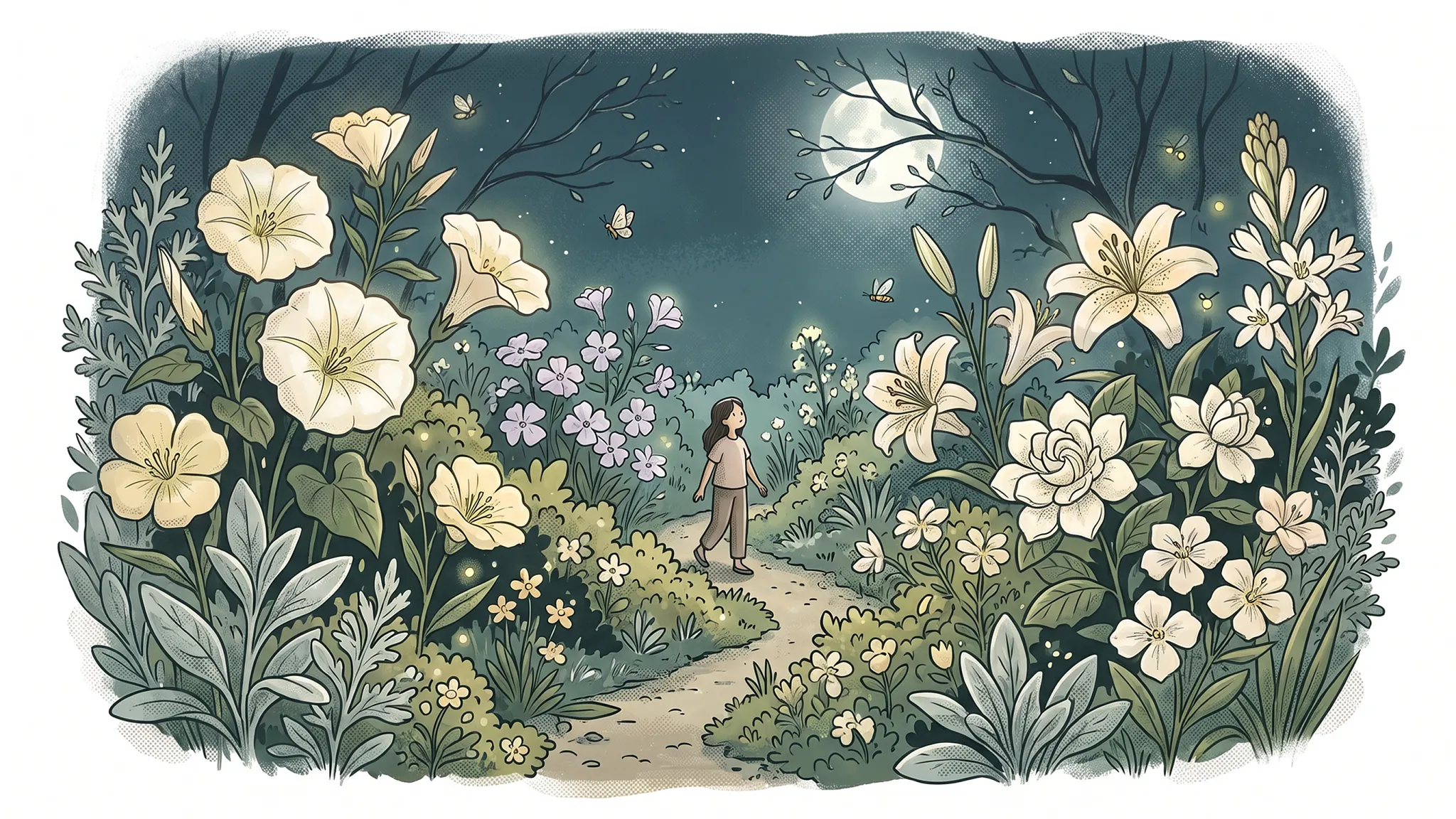 An atmospheric, night-blooming garden illustrated in soft hues. A small figure walks along a winding dirt path surrounded by pale yellow and white flowers, glowing foliage, and lush greenery under a full moon in a starry night sky.