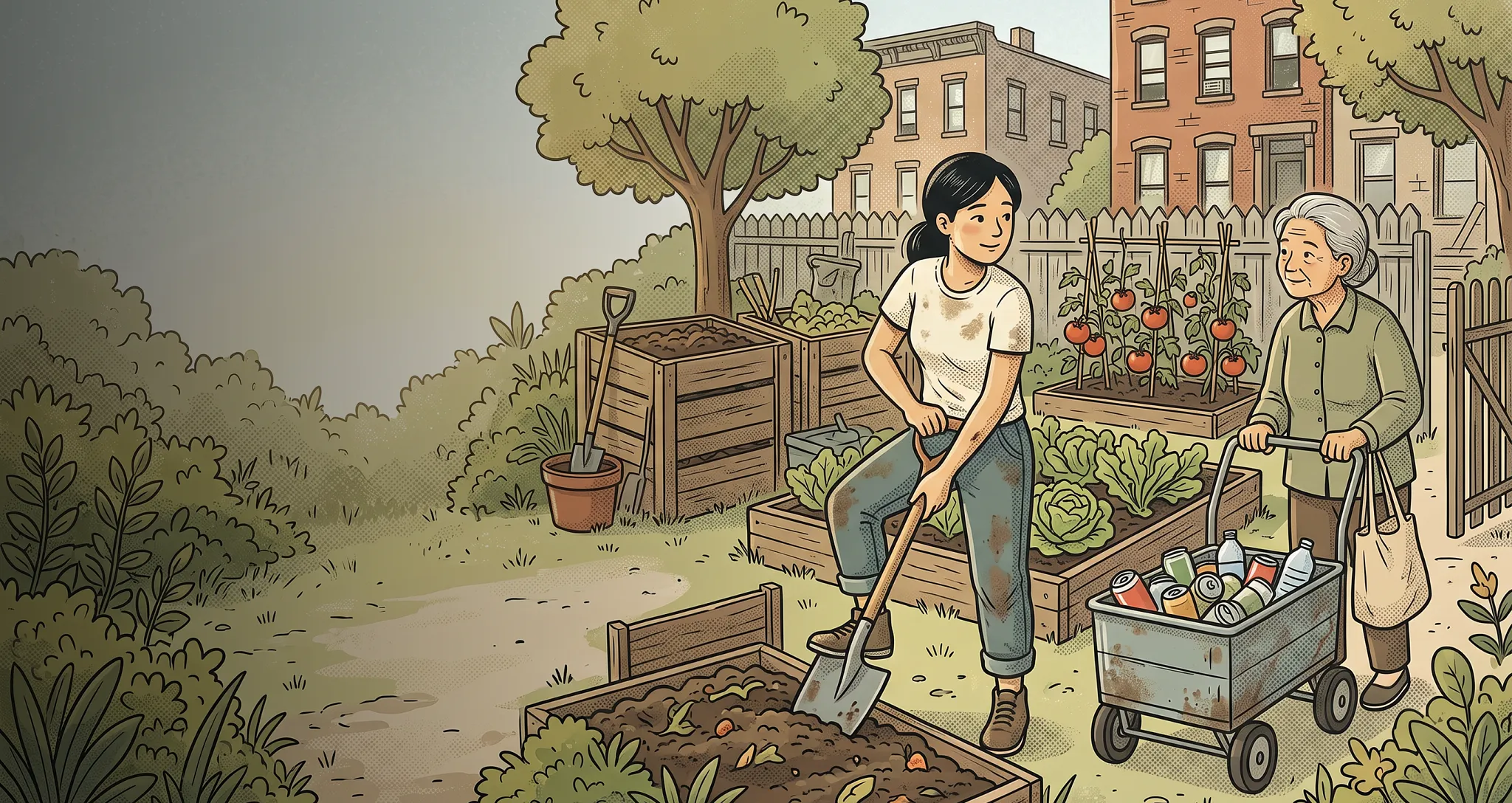 Illustration of a young woman smiling while digging with a shovel in an urban garden bed alongside an elderly woman pushing a cart filled with recyclable cans and bottles. Text overlay reads: "The wildly valuable life lesson I uncovered when composting. While shoveling food scraps in Brooklyn, a young writer has an unexpected interaction &mdash; and an epiphany. By: JingYi Li."