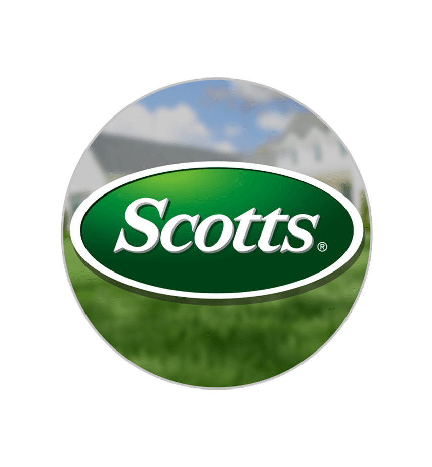 Scotts green and white logo with faded out house and yard in the background behind the logo.