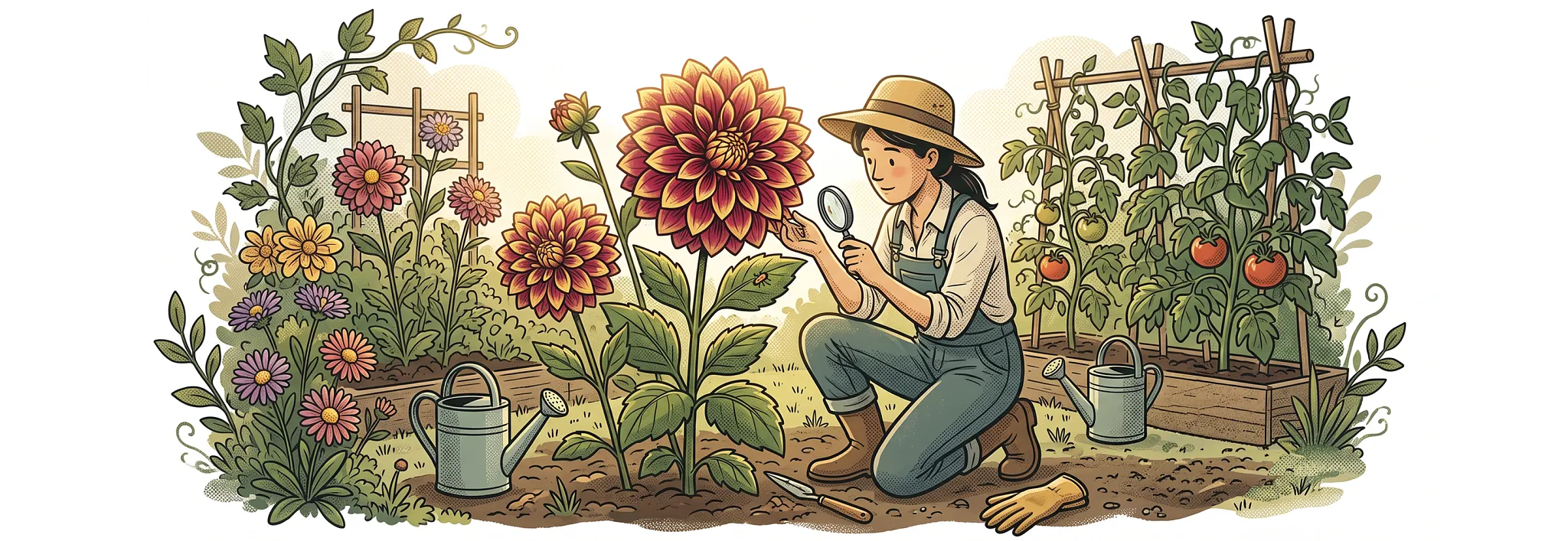 Illustration of a gardener wearing a straw hat inspecting a large, vibrant dahlia with a magnifying glass in a lush backyard garden surrounded by potted flowers, tomatoes, and watering cans.