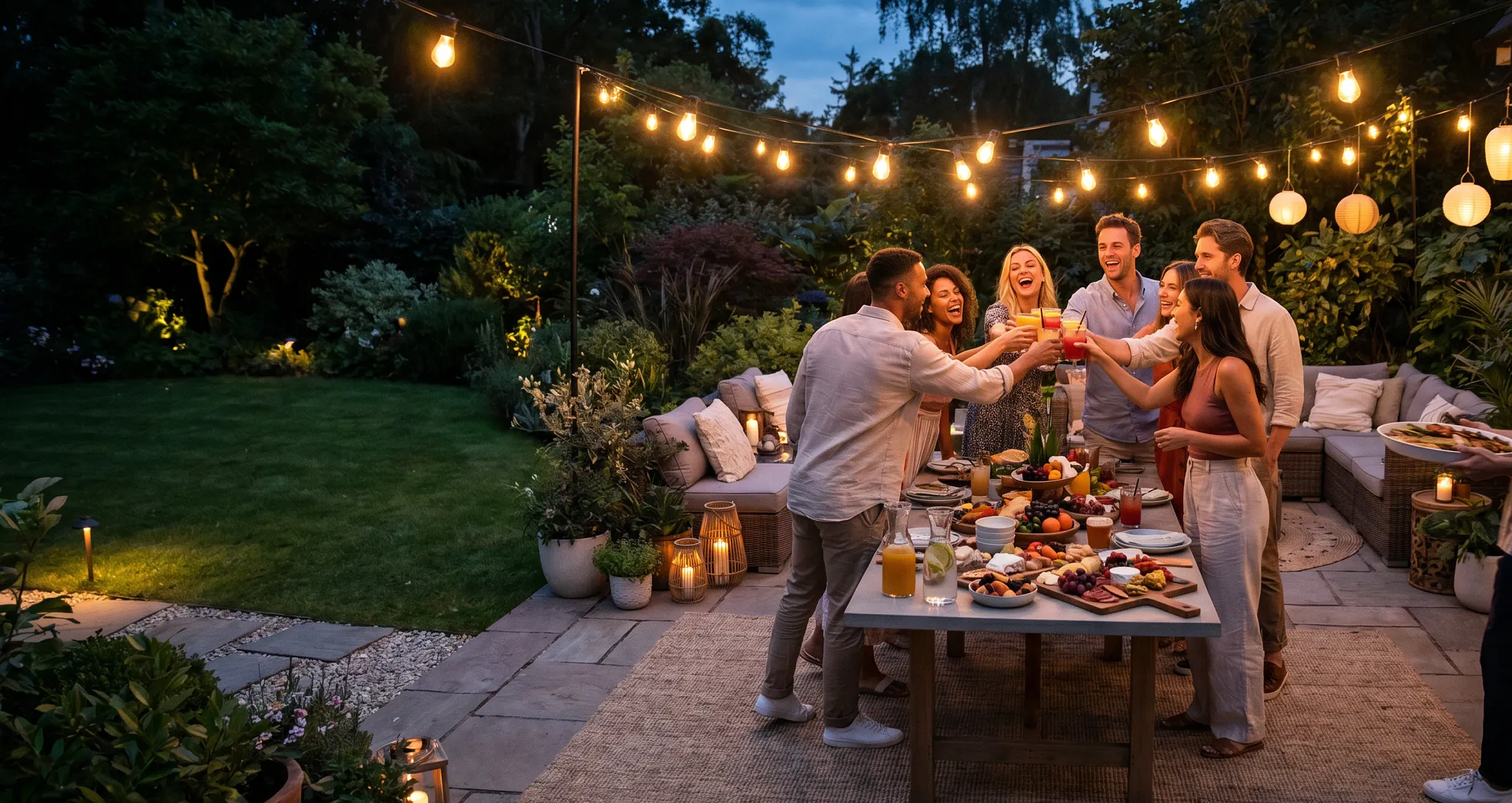 Backyard Patio dinner part with strung garden lights and a beautiful stone patio surrounded by potted plants and lush green lawn. A group of friends all clinking their glasses together in cheers.
