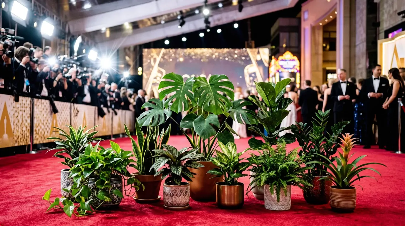 An image of different green potted plants sitting on a red carpet runway with the scene of an awards ceremony red carpet with photographers and people in the background