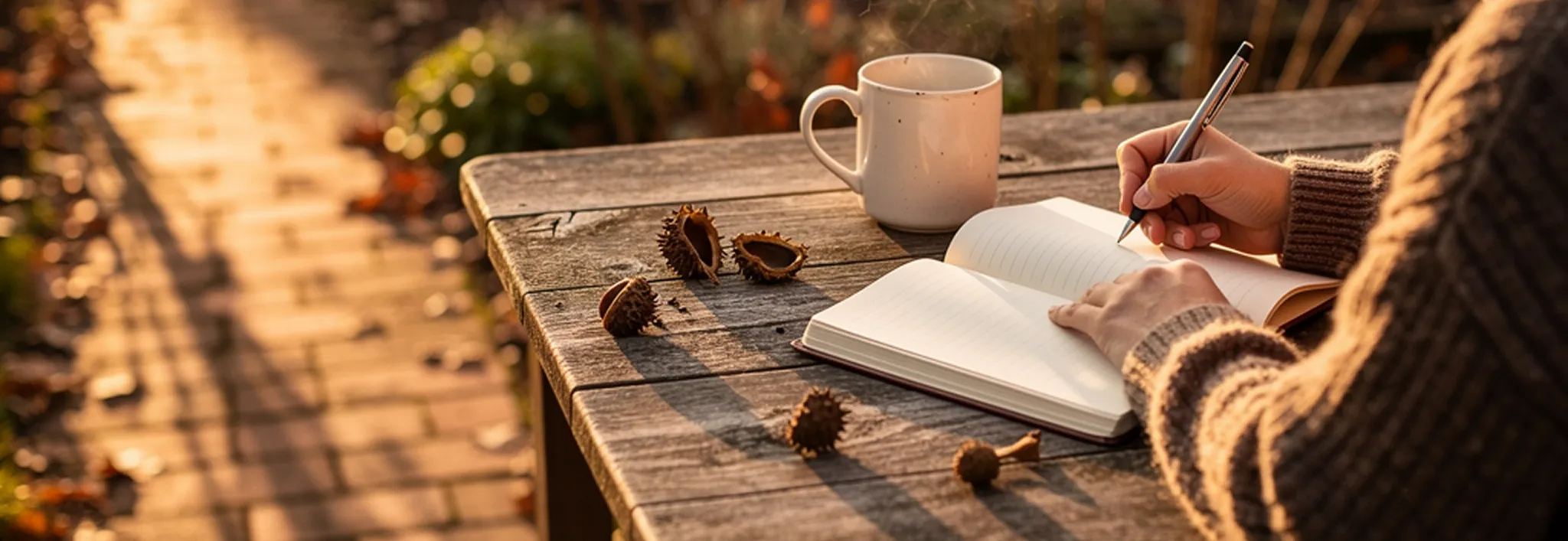 A person wearing a cozy brown knit sweater writing in a journal on a wooden picnic table, next to a white coffee mug, scattered acorns, and a pair of eyeglasses outdoors.