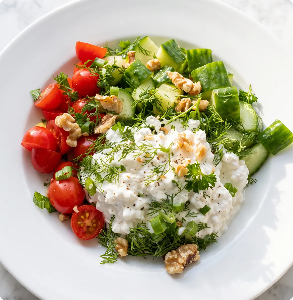 A top-down photograph of a white bowl filled with chopped red tomatoes, diced cucumbers, fresh green herbs, and dollops of cottage cheese mixed with crumbled feta
