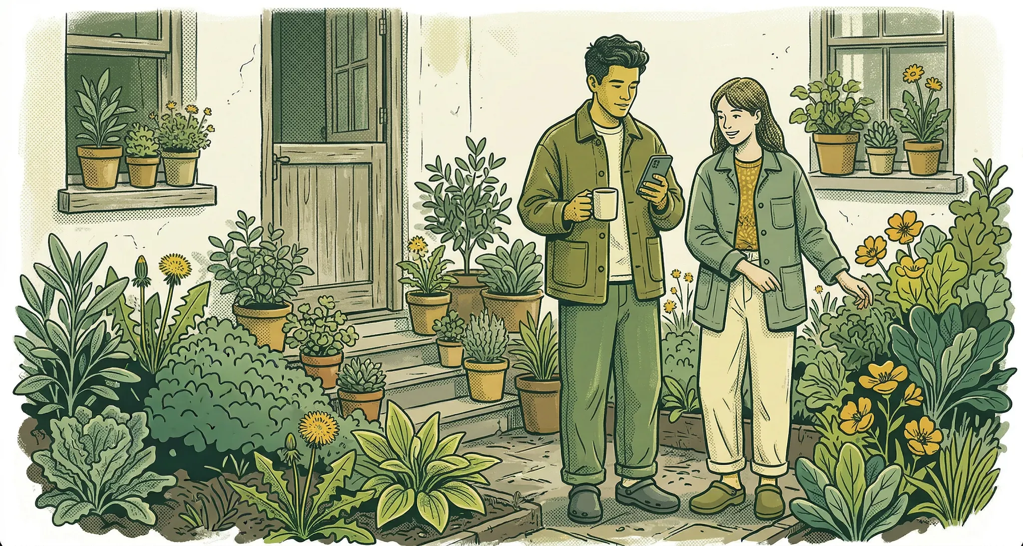graphic that has a green wash to the palette , depicting a couple standing in their patio The man is holding coffee and a smartphone. Surrounding them are full garden beds and potted plants on the back steps and in the window sills. The couple are wearing stylish cuffed pants with what look to be similar to crocs and wearing casual gardening jackets.