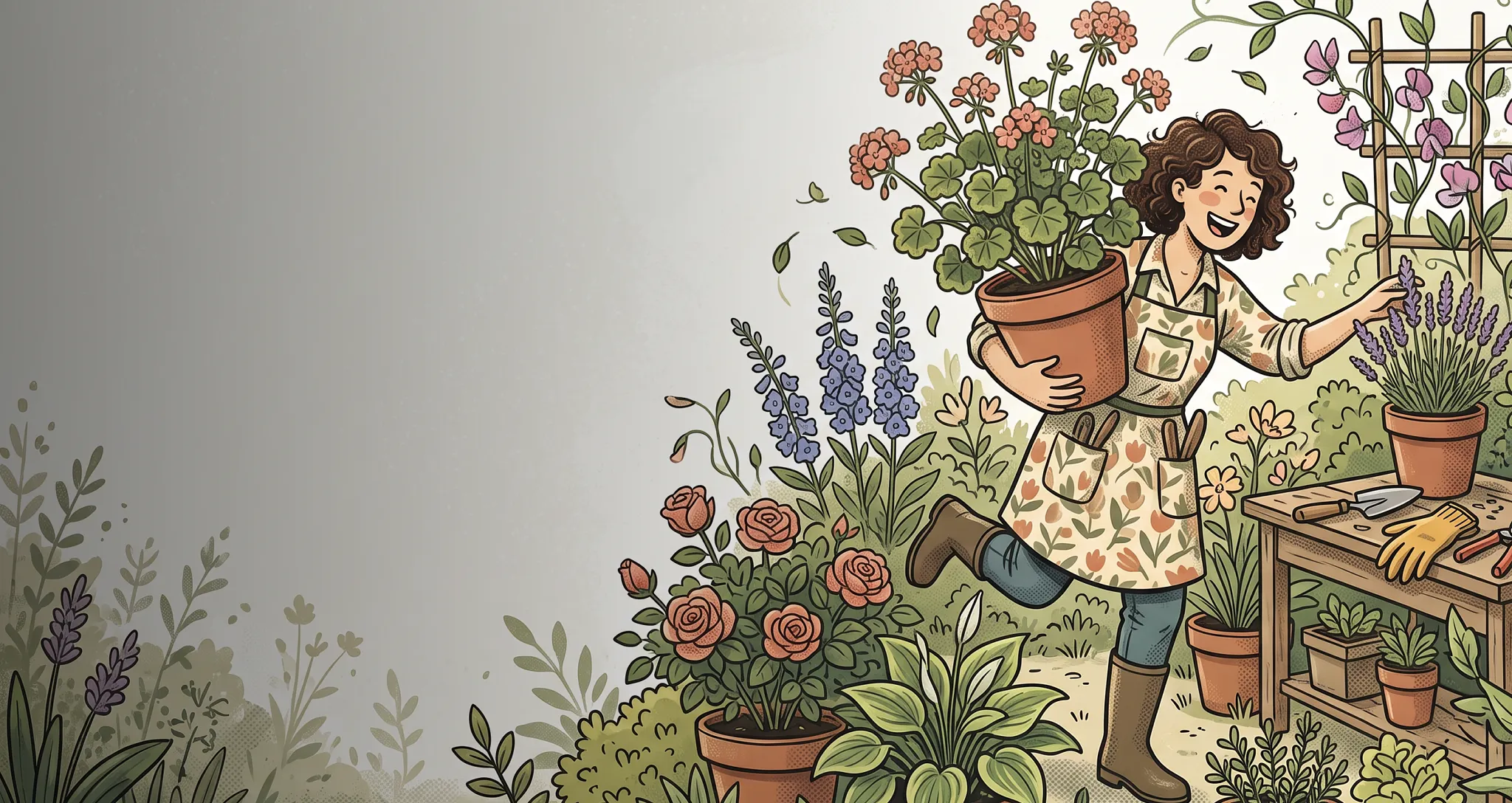 Illustrated scene of a smiling woman holding a potted plant in a lush garden, framed by vibrant flowers and gardening tables. Text headline reads: "How much do plant professions pay anyway?"