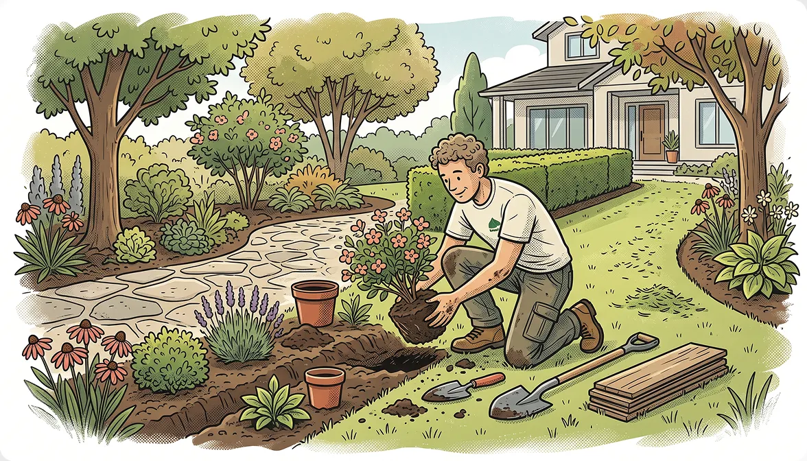 Illustrated scene of a landscaper working on a residential lawn surrounded by green trees and shrubs.