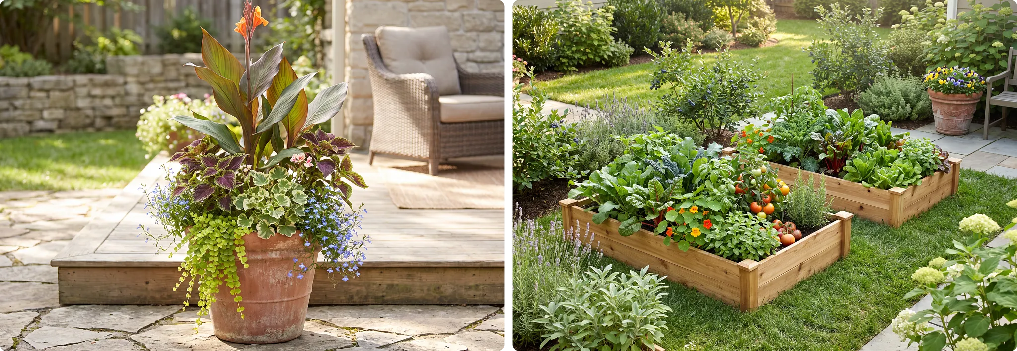A large terracotta planter sitting on a wooden deck filled with an arrangement of tall foliage, flowering plants, and trailing greens.