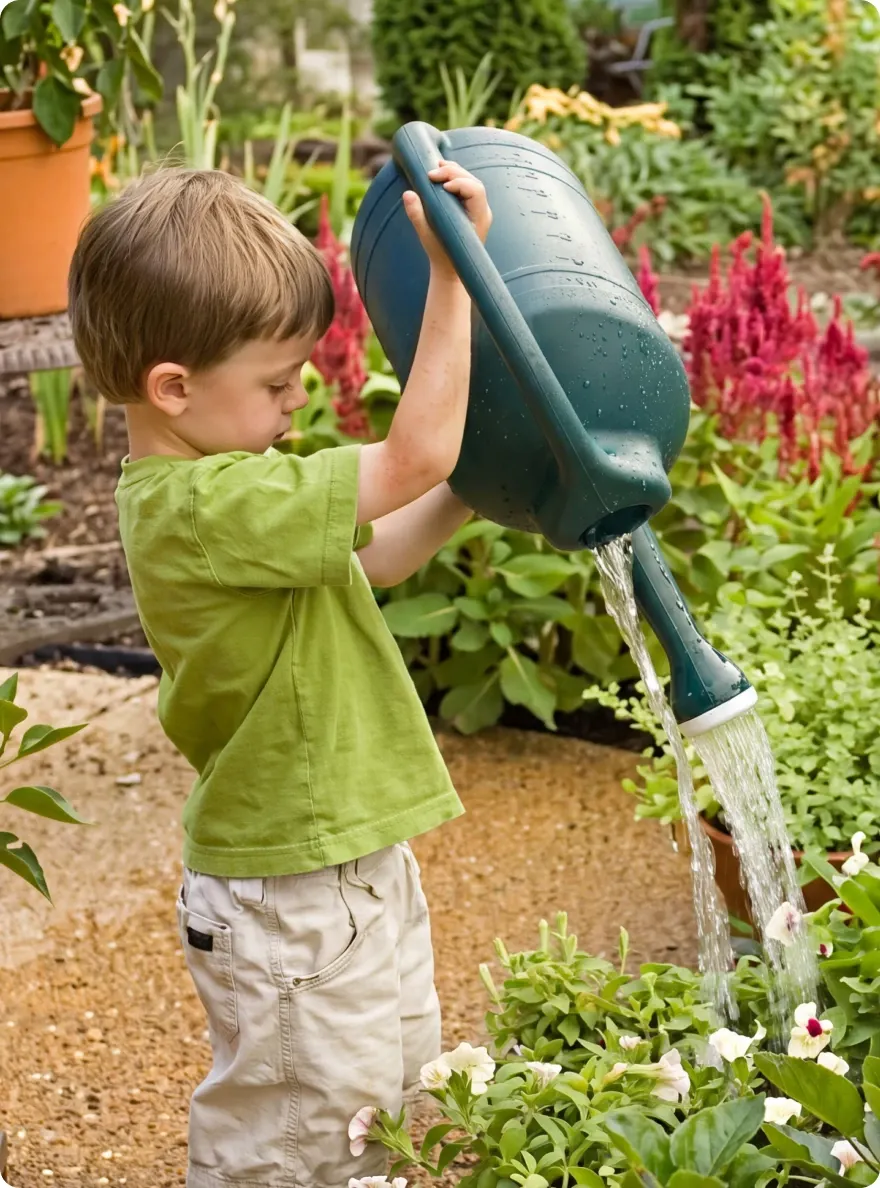 Little boy watering plants