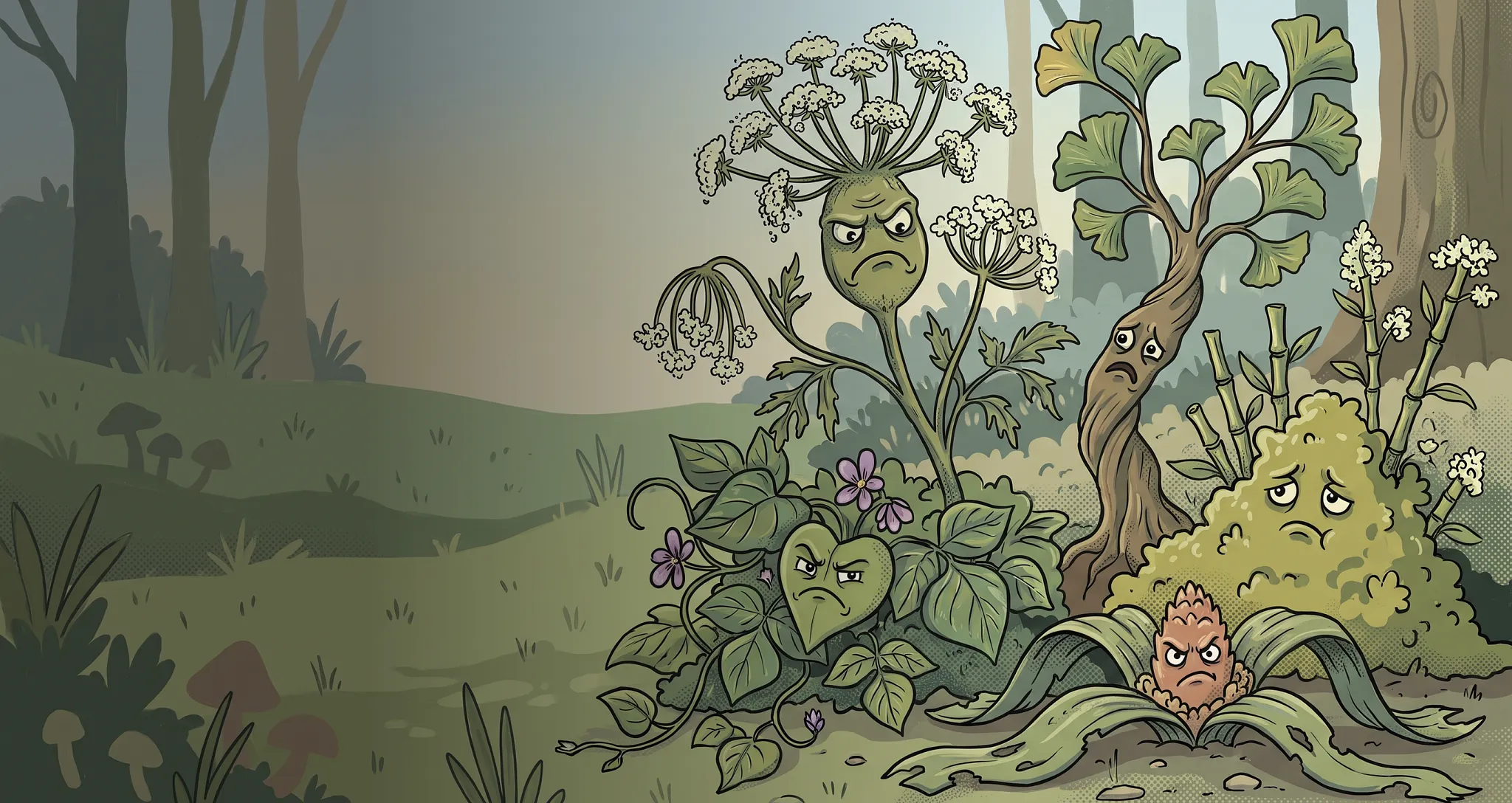 Cartoon group of grumpy botanical plant characters with expressive faces in a dark forest.