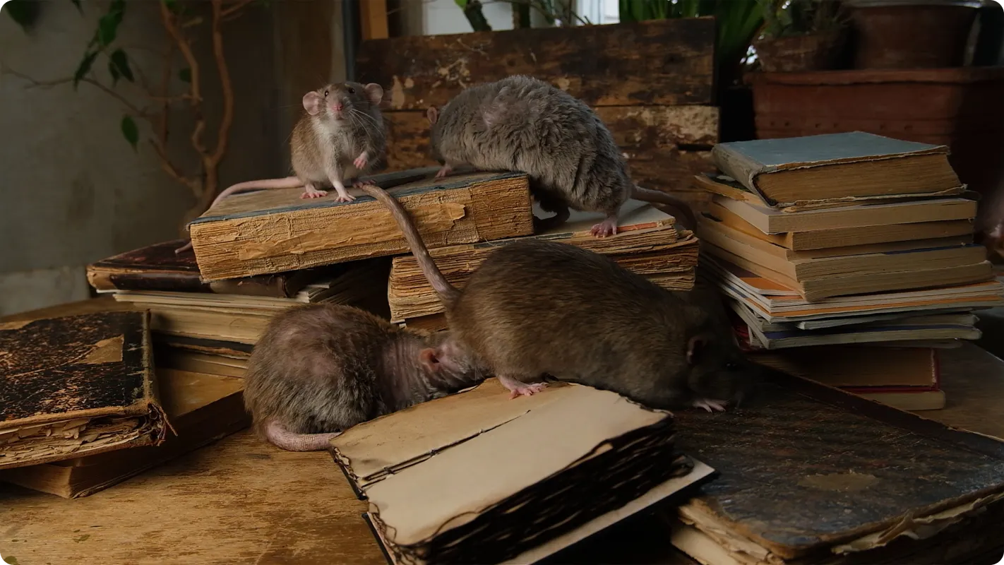 4 rats crawling around a very old desk with very aged books that look to be brittle and frail.