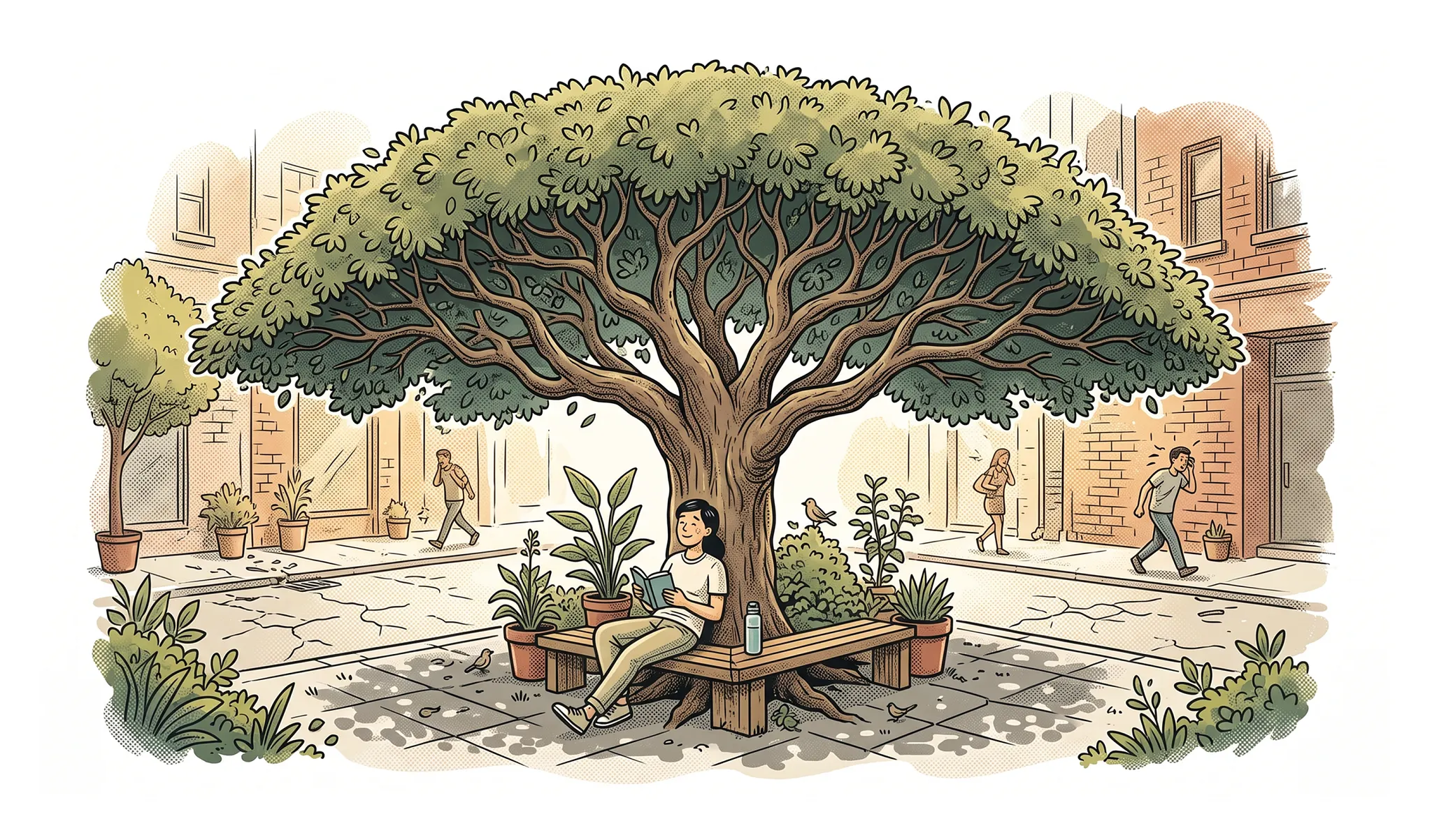 Illustration of a person reading a book on a wooden bench beneath the wide canopy of a large city tree, accompanied by text titled 'Even more reason to hug a tree' highlighting urban heat island research.