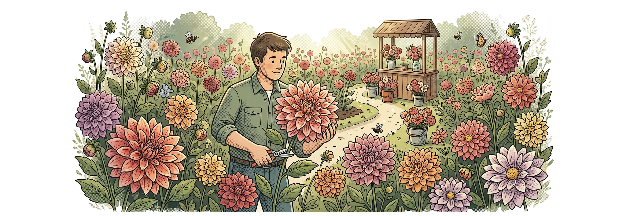 A top-down, line-art-style illustration shows a man in a green shirt trimming a large, blooming pink dahlia with garden shears in a vibrant, dense field of orange, yellow, pink, and purple dahlias. In the background, bees and butterflies fly around a wooden flower stand displaying potted dahlias next to a dirt path.
