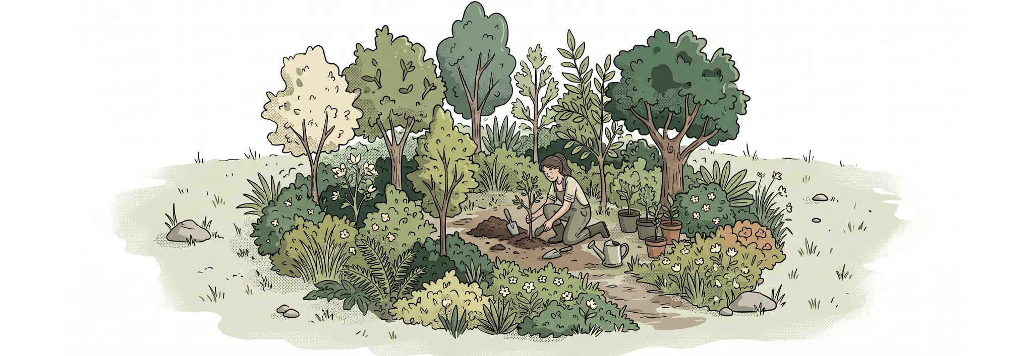 A detailed illustration of a central garden plot surrounded by a variety of potted plants, small trees, and bushes, with a person kneeling in the middle tending to the soil.