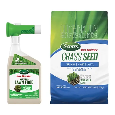 Scotts Turf Builder Grass Seed Sun & Shade Mix and Scotts Turf Builder Liquid Starter Lawn Food