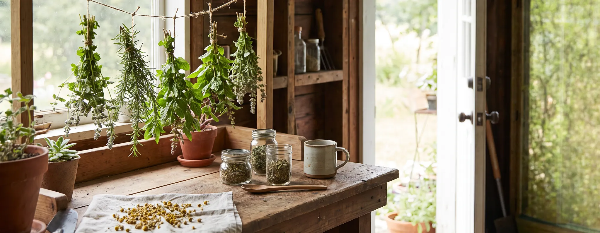 Fresh herbs tied in bundles hanging to dry in front of a rustic wooden window inside a sunlit room, with dried seeds on a cloth on the wooden table below and a semi-transparent text box overlay detailing drying tips.