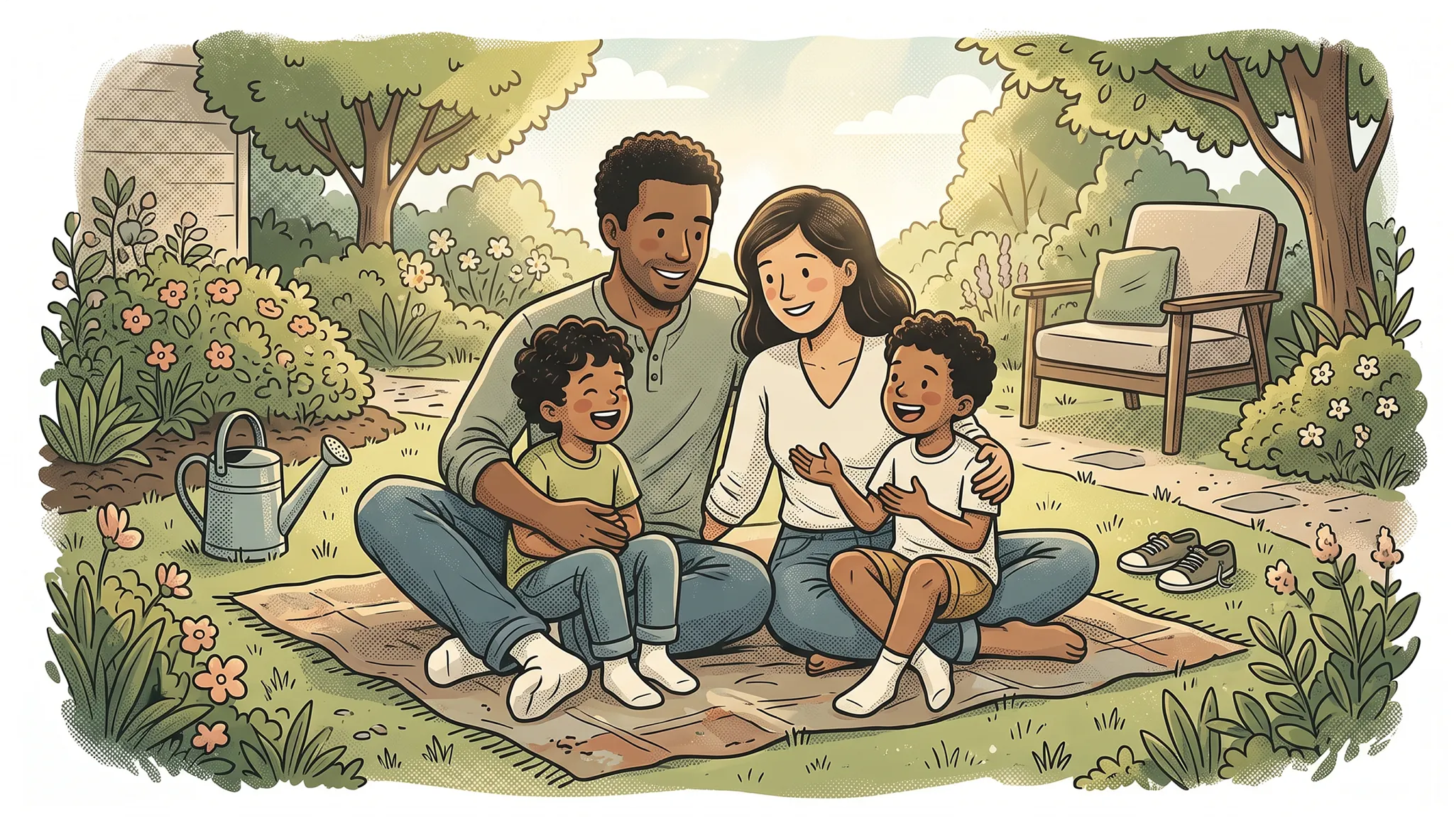 An illustration of a family of four sitting on a picnic blanket in a sunny backyard garden, surrounded by trees and a watering can.