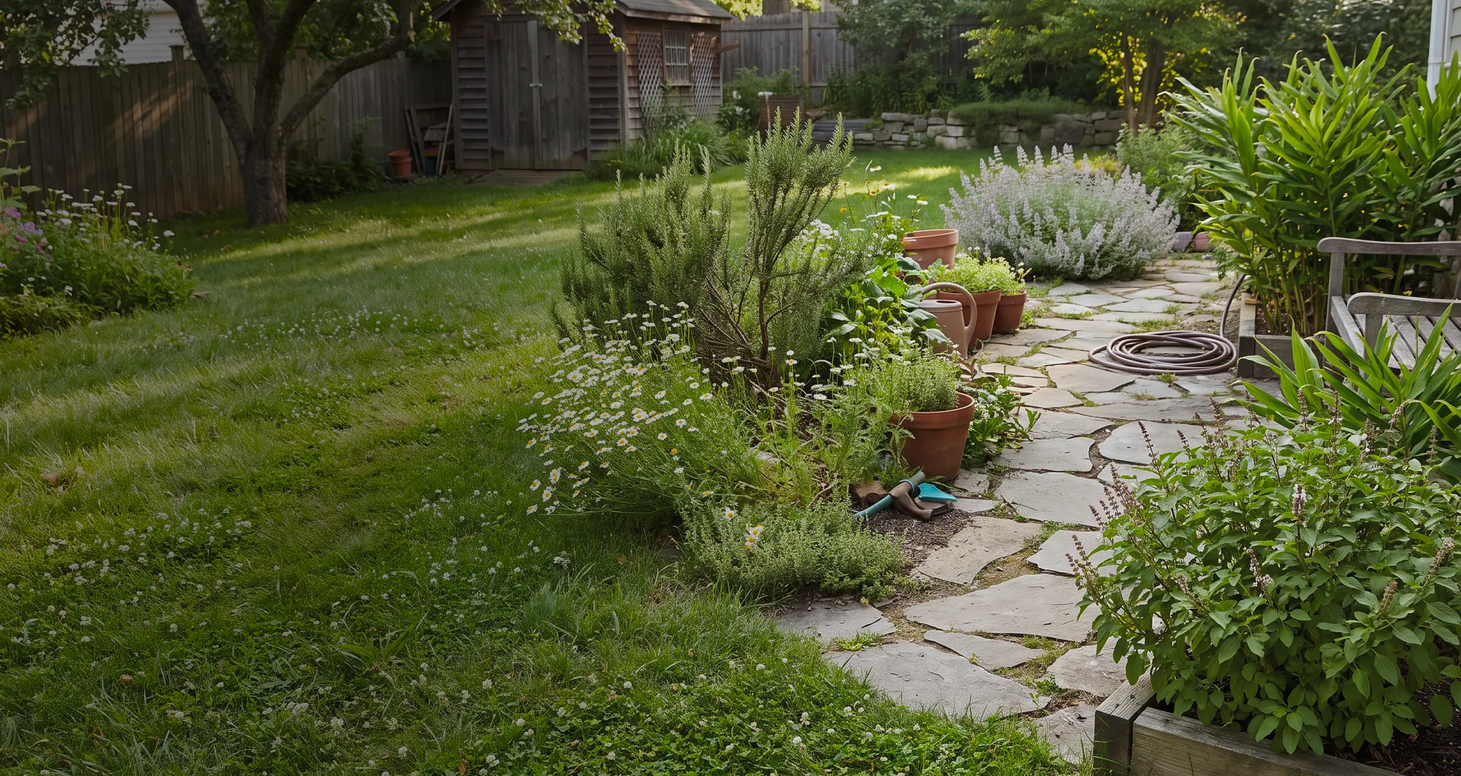 A stone walkway winding through a lush green yard surrounded by vibrant garden plants, with a green lawn, wooden raised bed, and a purple circular logo overlay reading "C J".