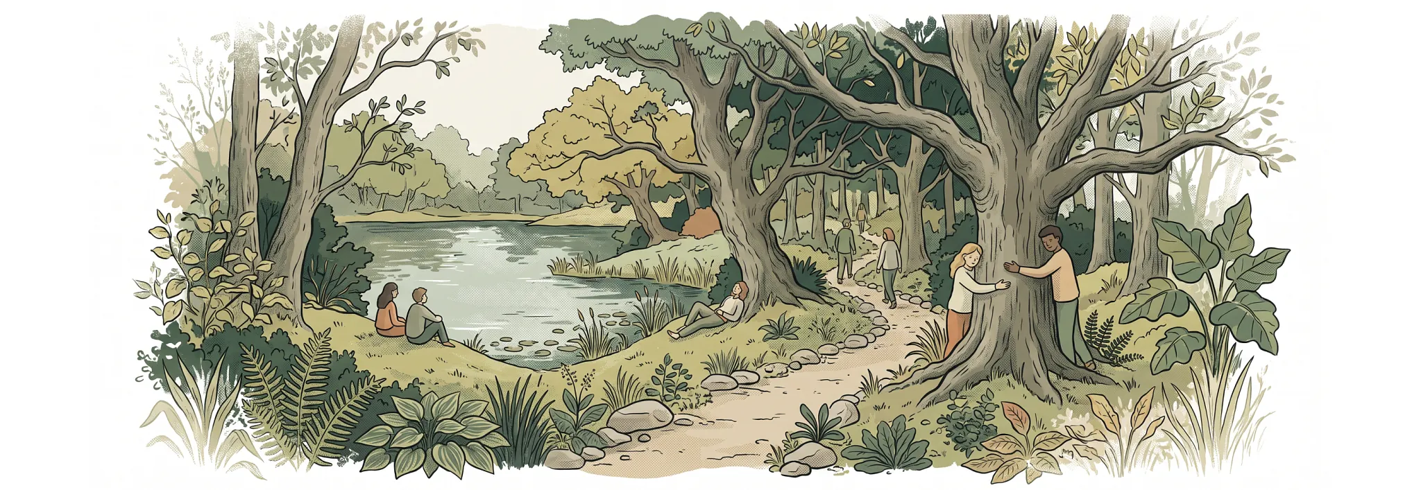 A soft, natural illustration of a lush forest landscape featuring a quiet pond, mature trees, and two people standing near a large oak tree embracing its trunk.