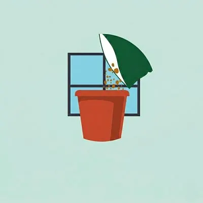 graphic of a planting pot infront of a window, and what is supposed to signify a green bag pouring dirt into the pot.