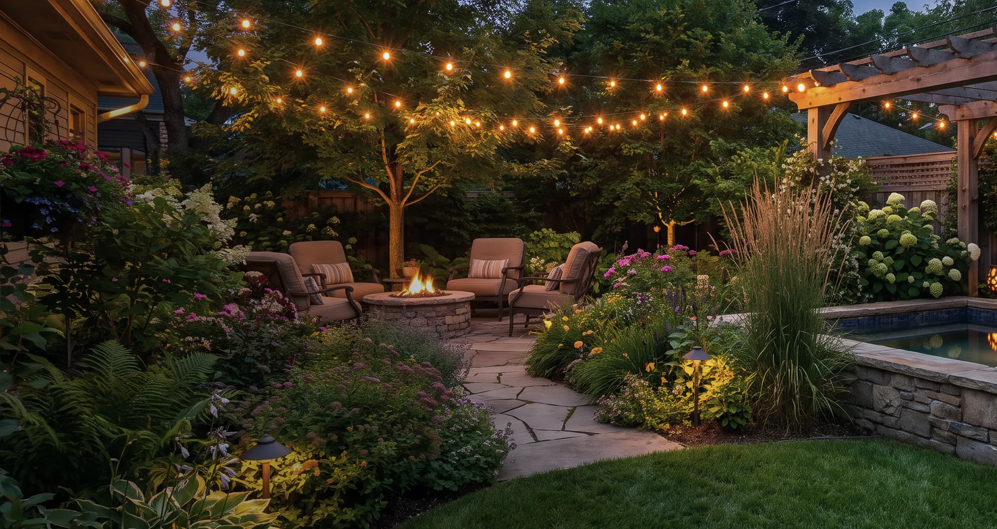 Cozy backyard patio with string lights, patio seating surrounding a glowing stone fire pit at dusk.