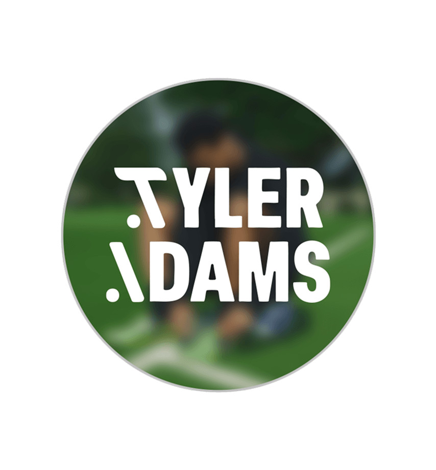 Tyler Adams White Logo with faded image of Tyler sitting on a soccer pitch in the background.