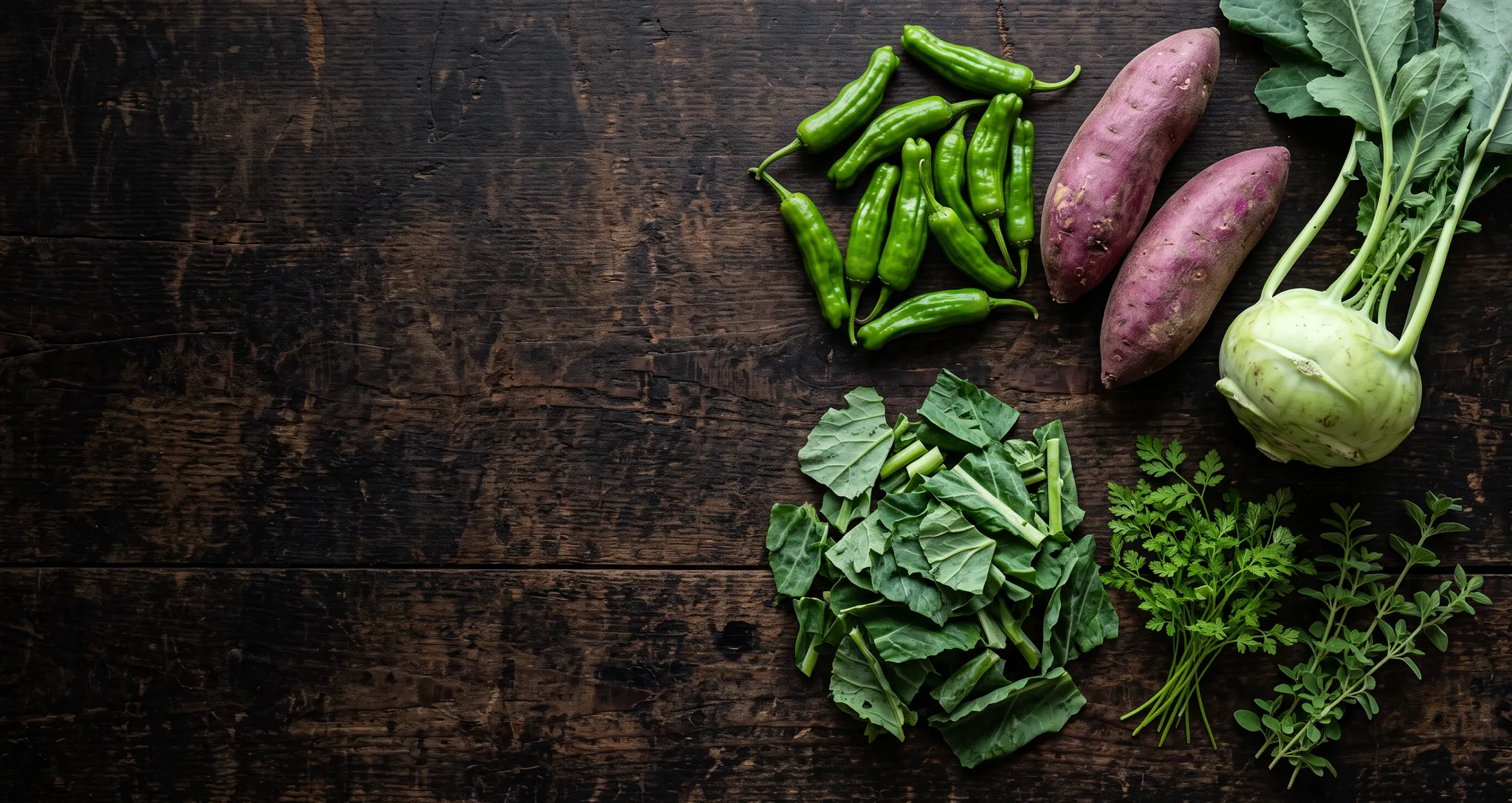 Fresh shishito peppers, Japanese sweet potatoes, kohlrabi, chopped greens, and herbs on dark wood.
