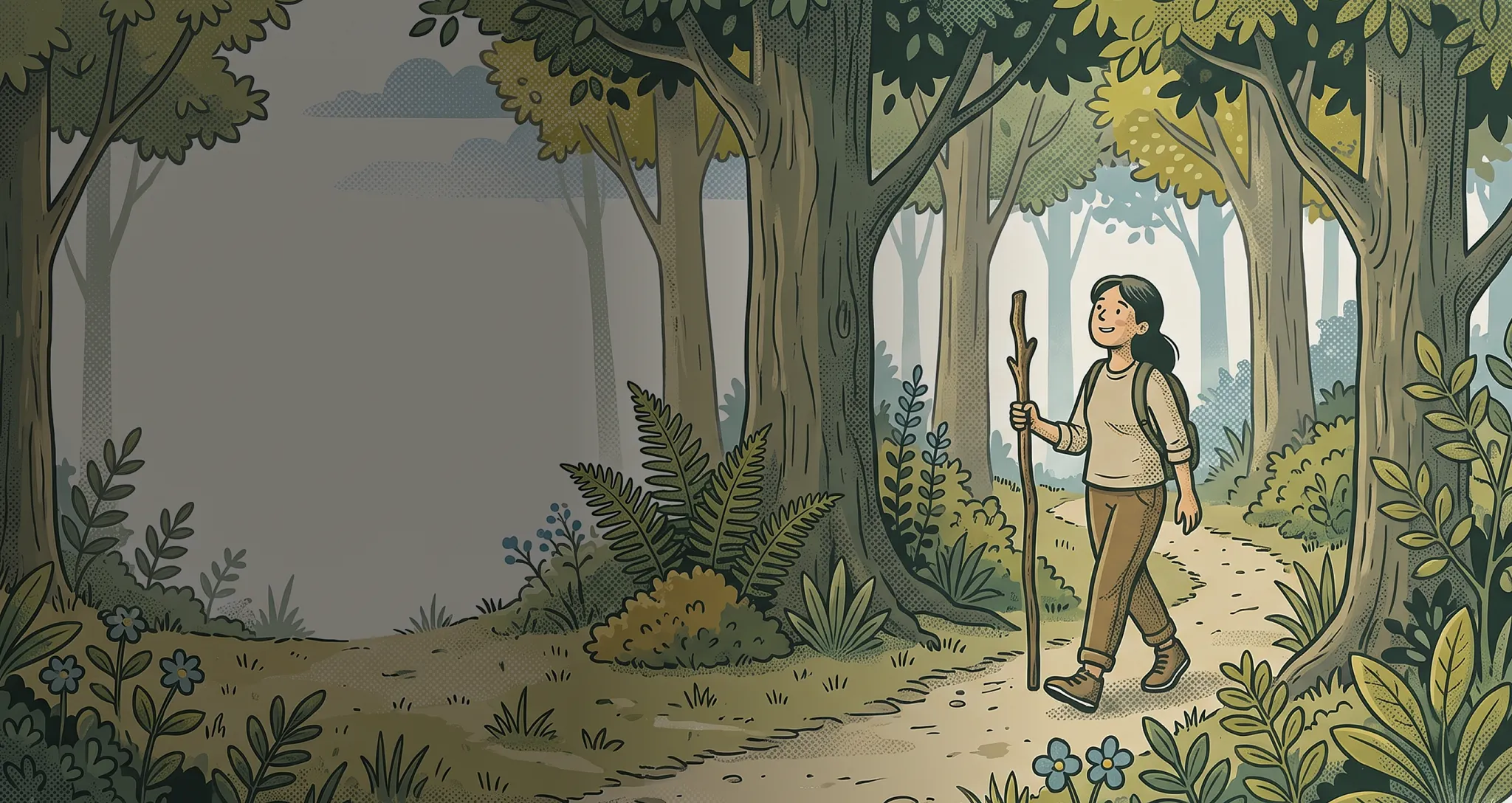 An illustration of a person with a backpack and walking stick hiking along a dirt path through a sunlit forest. Overlaid text on the left reads, "The Dirt: Tree therapy, how gardening rocks, and the cutest fence in the country" followed by a subhead reading, "ICYMI, dig into these fresh and fascinating dispatches, research results, and factoids about the natural world" and a byline reading "By: Alison Weintraub."