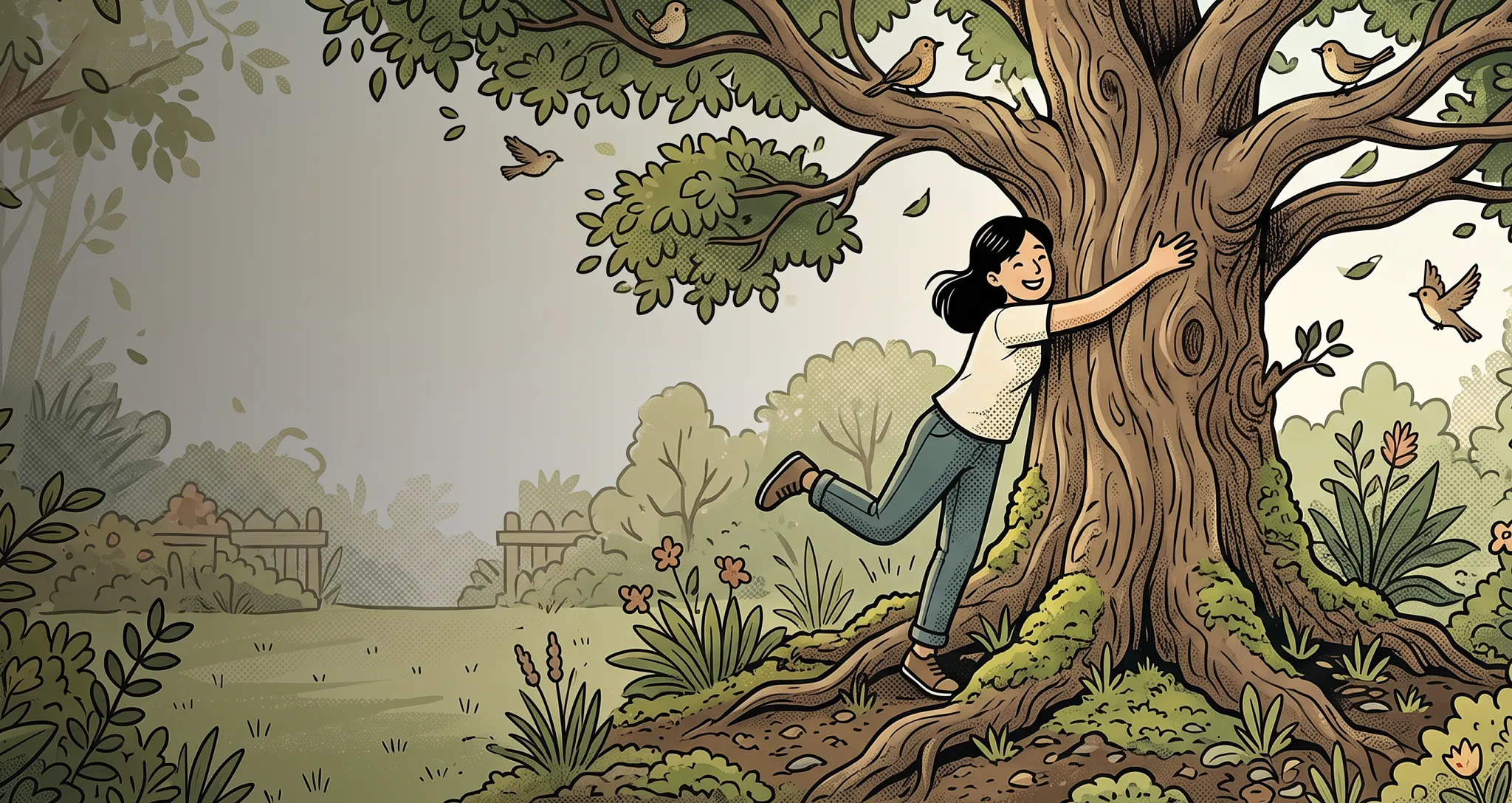 A colorful illustration of a girl happily hugging a large, thick tree trunk with small birds perched in the branches