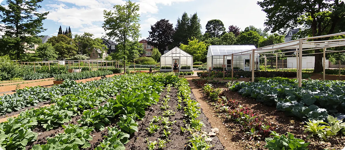  Outdoor garden plots filled with crops alongside a greenhouse structure set against the landscape of Boulder County.