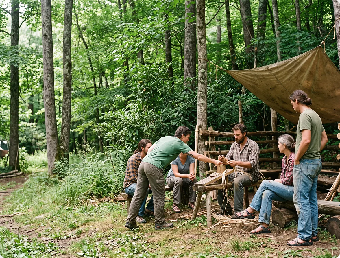 A group of people sitting together outdoors in a forest practicing traditional wood carving skills, accompanied by text titled 'Firefly Gathering' detailing an earthskills event in the Blue Ridge Mountains, NC.