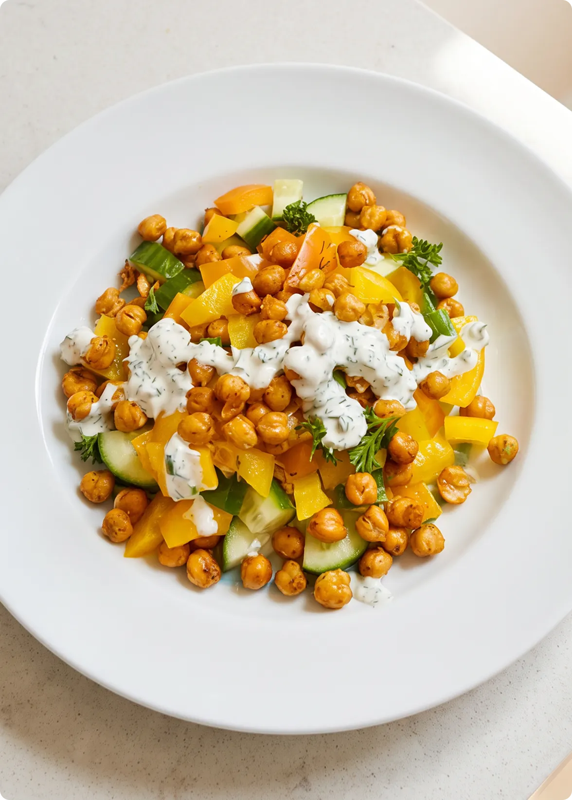 A top-down photograph of a white bowl containing a colorful salad made with diced yellow bell peppers, cucumbers, crispy chickpeas, and a dollop of white tahini-yogurt ranch dressing.