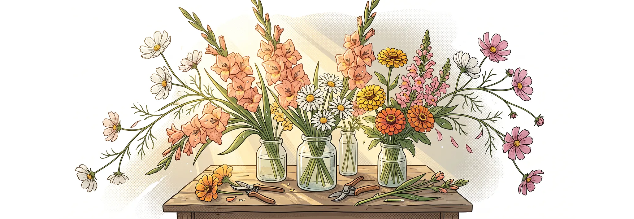 Illustration of cut gladiolas, daisies, and vibrant flowers resting in glass jars on a wooden worktable alongside garden shears and fresh stems.