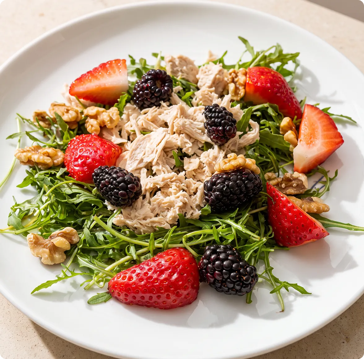 Fresh arugula salad topped with shredded chicken breast, sliced strawberries, blackberries, and walnuts.
