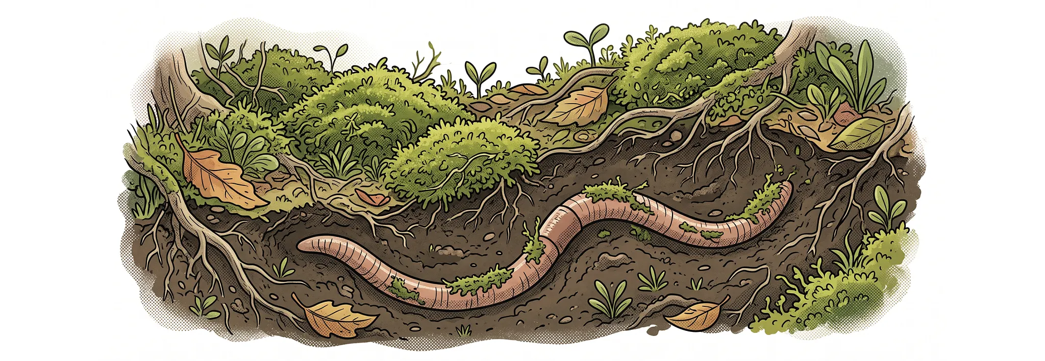 Illustration of an earthworm tunneling through soil beneath mossy ground and tree roots, with headline text reading 'Get to know these tiny gardeners' and article copy explaining how worms transport living moss.