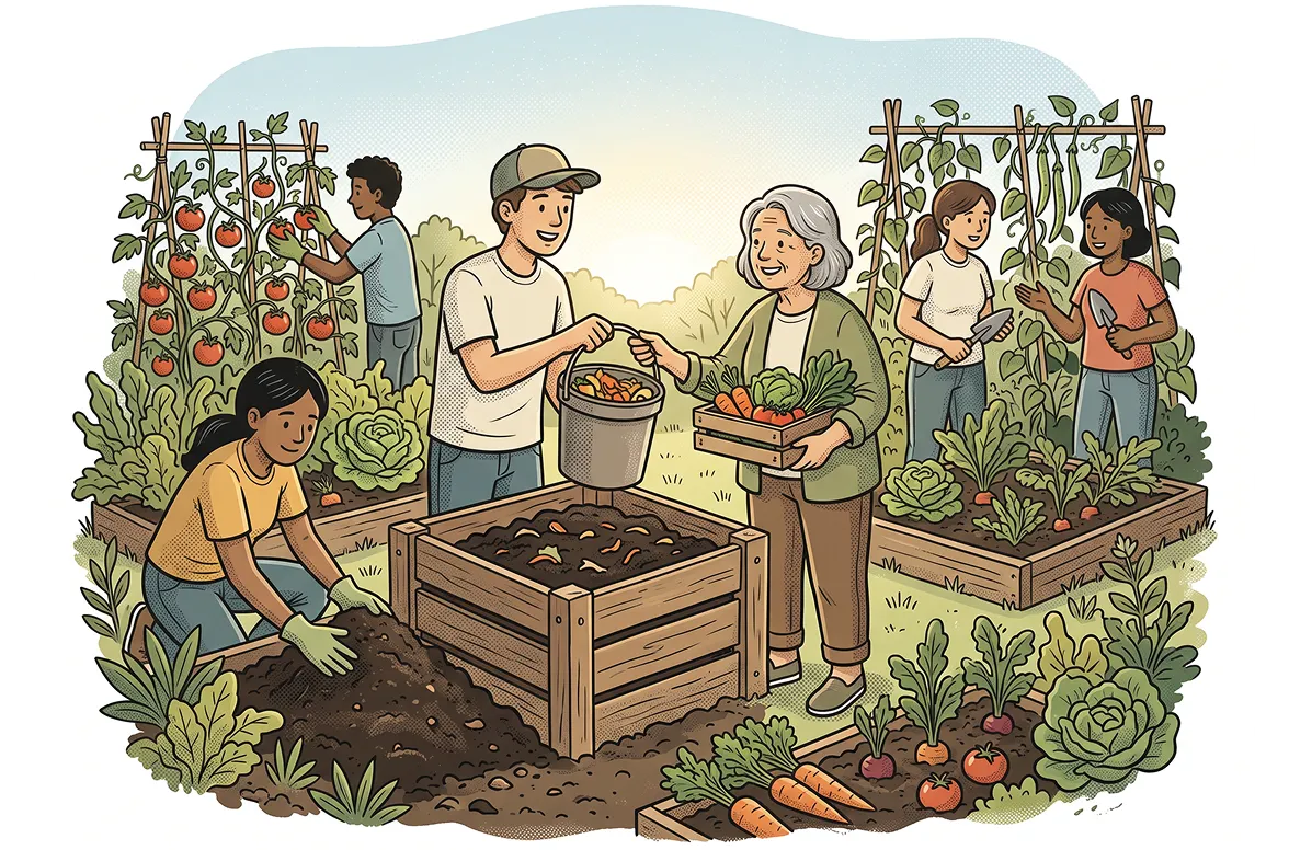 Illustration of diverse people gardening and composting together in a community garden