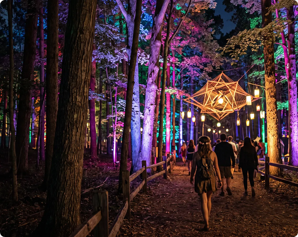 A night photograph of a glowing, illuminated forest path with colorful lights during the Electric Forest music festival, displayed beside article text detailing the event in Rothbury, MI.