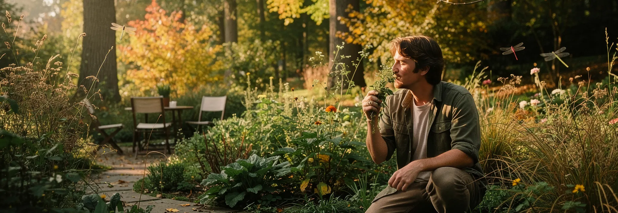 A person kneeling in a lush garden filled with green plants and autumn trees, holding binoculars and looking into the distance.
